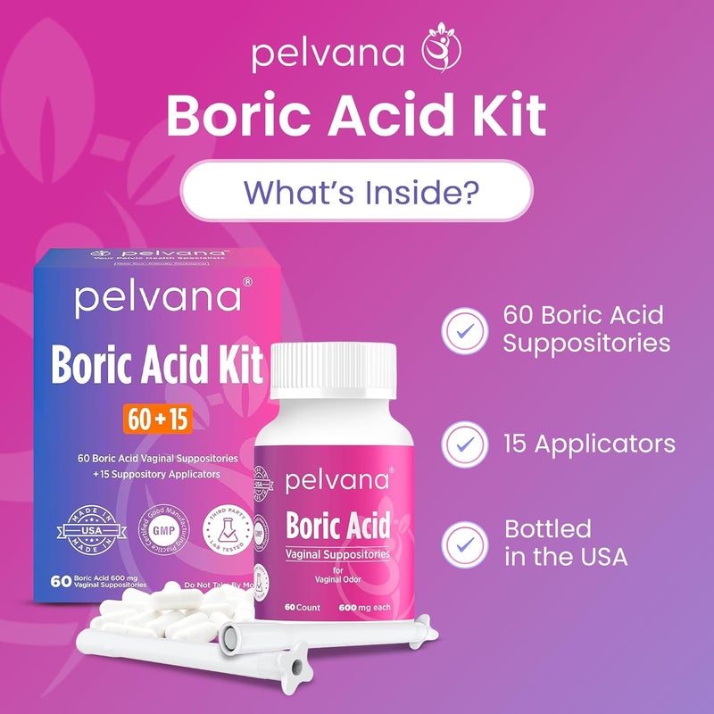pelvana Boric Acid Suppositories for Women 60 + 15 Applicators, Total of 75 Piece Kit for Vaginal Odor & Freshness - Third-Party Lab Verified & Bottled in The USA - Feminine Health Odor Solution - Image 2